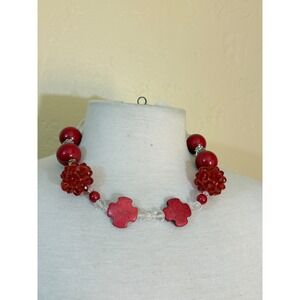 Red Chunky Statement Necklace Stone Cross‎ Faceted Beads Toggle Clasp